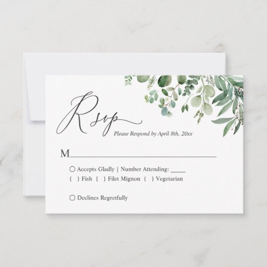 Einfache Script Greenery Eucalyptus Foliage Weddin RSVP Karte (Vorderseite)