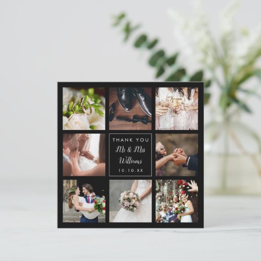 Einfache Script-Hochzeit-FotoCollage Dankeskarte (Stehend Vorderseite)