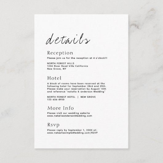 Einfache Script-Hochzeitsdetails-Eintrittskarte Begleitkarte (Vorderseite)