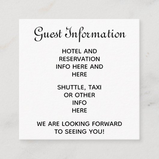 Einfache Script Hochzeitsgäste Reservierungen Info Begleitkarte (Vorderseite)