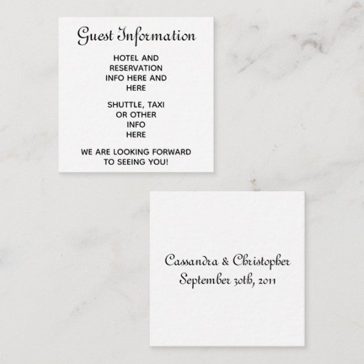 Einfache Script Hochzeitsgäste Reservierungen Info Begleitkarte (Vorne/Hinten)
