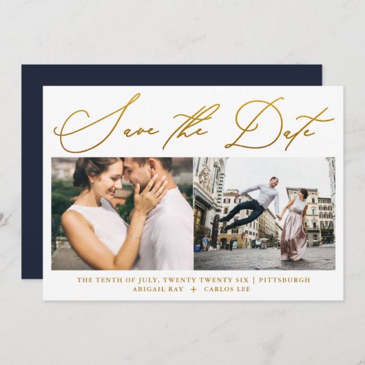 Einfache Script-Imitat Gold Zwei Foto Moderne Save The Date (Vorne/Hinten)
