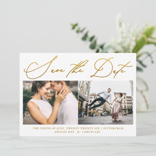 Einfache Script-Imitat Gold Zwei Foto Moderne Save The Date (Stehend Vorderseite)