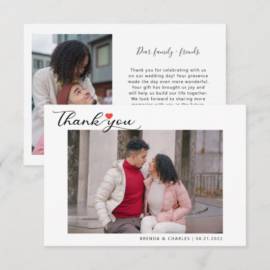 Einfache Script Liebe Heart Classy Wedding Foto Dankeskarte (Vorne/Hinten)