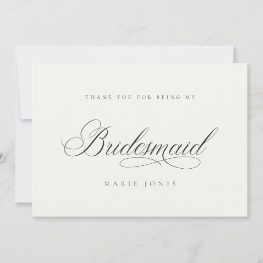 Einfache Script Minimal Schwarz & Weiß Bridesmaid Dankeskarte (Vorderseite)