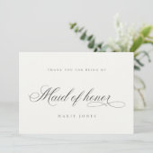 Einfache Script-Minimal Schwarz/Weiß-Trauzeugin Dankeskarte (Stehend Vorderseite)