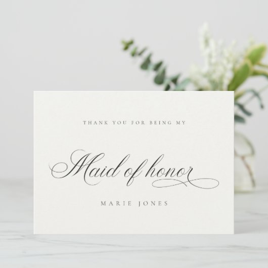 Einfache Script-Minimal Schwarz/Weiß-Trauzeugin Dankeskarte (Stehend Vorderseite)