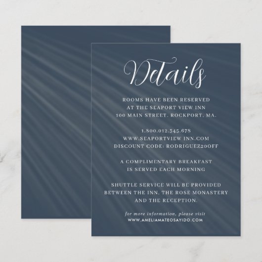 Einfache Script Navy Blue Wedding Details Begleitkarte (Vorne/Hinten)