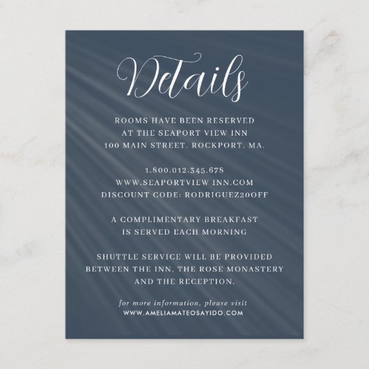 Einfache Script Navy Blue Wedding Details Begleitkarte (Vorderseite)