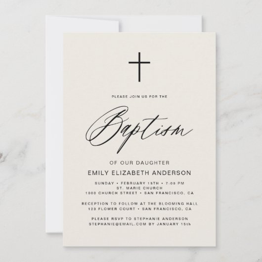 Einfache Script-Neutral-Beige Taufe Einladung (Vorderseite)
