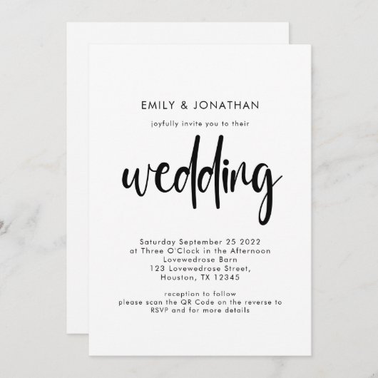 Einfache Script QR Code Schwarz-weiße Hochzeit Einladung (Vorne/Hinten)