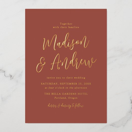 Einfache Script-Rost- und Gold-Hochzeit Folieneinladung (Vorderseite)