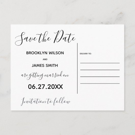 Einfache Script-Save the Date-Postkarten Ankündigungspostkarte (Rückseite)