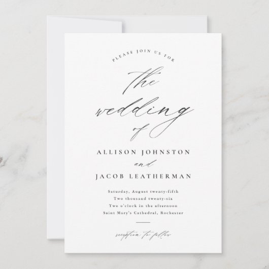 Einfache Script Schwarz und Weiß Hochzeit Einladung (Vorderseite)