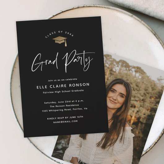 Einfache Script-Schwarz-Weiß-Foto-Graduierungspart Einladung