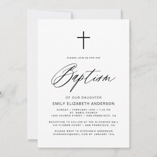 Einfache Script Schwarz-Weiß-Taufe Einladung (Vorderseite)
