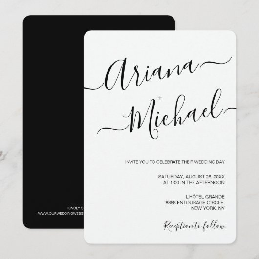 Einfache Script Schwarz-weiße Lässig Chic Hochzeit Einladung (Vorne/Hinten)