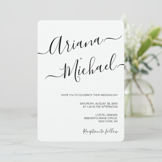 Einfache Script Schwarz-weiße Lässig Chic Hochzeit Einladung (Stehend Vorderseite)