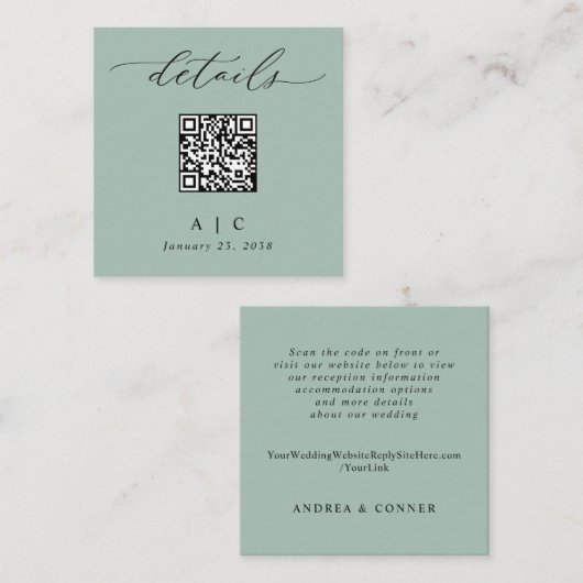 Einfache Seite Green QR Code Hochzeitdetails Begleitkarte (Vorne/Hinten)