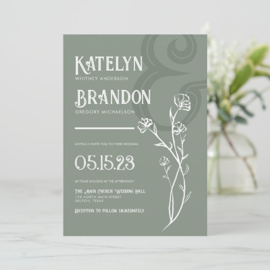 Einfache Seite Grüne Blätter Hochzeit Einladung (Stehend Vorderseite)