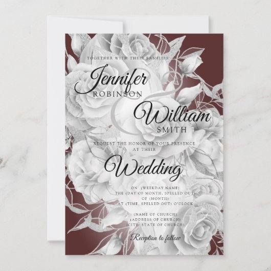 Einfache Silber & Burgund Elegante Blumenhochzeit Einladung (Vorderseite)
