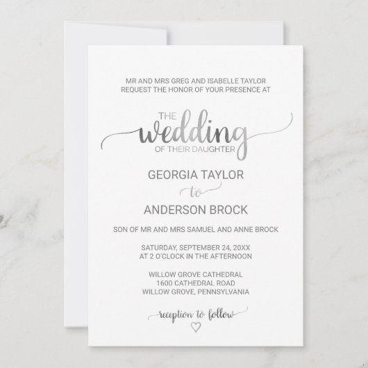 Einfache Silberfolienkalligraphie feierliche Hochz Einladung (Vorderseite)