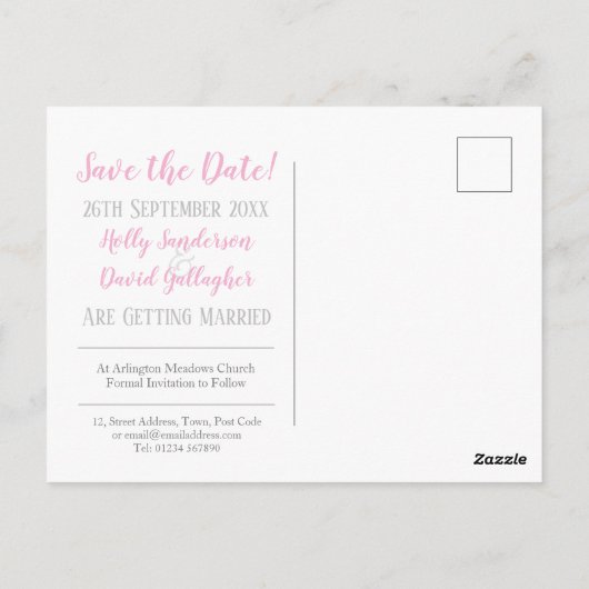 Einfache Silbergraue und weiße Save the Date Postk Postkarte (Rückseite)