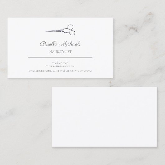Einfache Silberschere Elegante Script-Haarstylisti Visitenkarte (Vorne/Hinten)