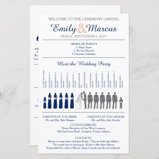 Einfache Silhouetten Hochzeitsprogramm mit Timelin (Vorne/Hinten)