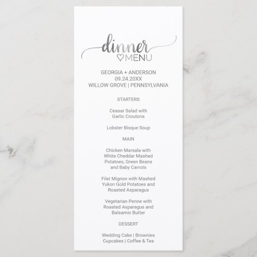 Einfache Silver Calligraphy Wedding Dinner Menu Ca Menükarte (Vorderseite)