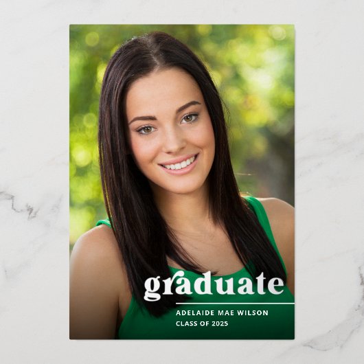 Einfache Silver Foil Overlay Foto Graduation Party Folieneinladung (Vorderseite)