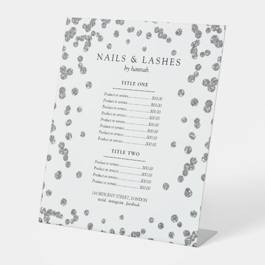 Einfache Silver Glam Glitzer Confetti Price Menü Sockelschild (Vorderseite)