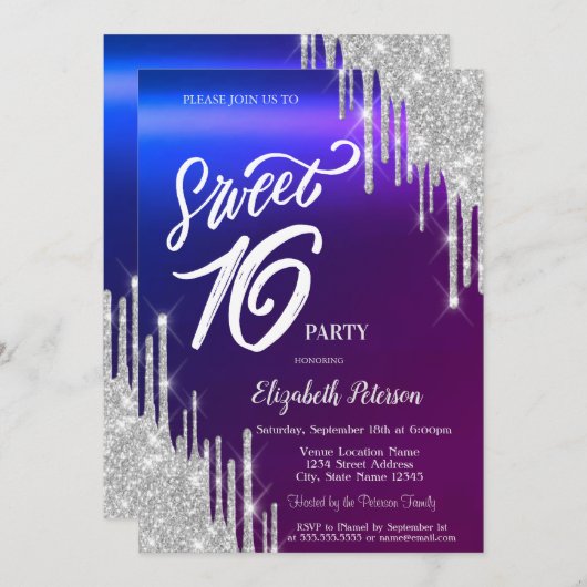 Einfache Silver Glitzer Tropfen Ombre Sweet 16 Einladung (Vorne/Hinten)