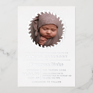 Einfache Silver Wreath Baby Foto Namemony Zeremoni Folieneinladung