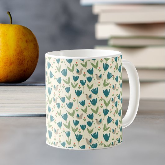 Einfache skandinavische Blume und Vogelmuster Kaffeetasse