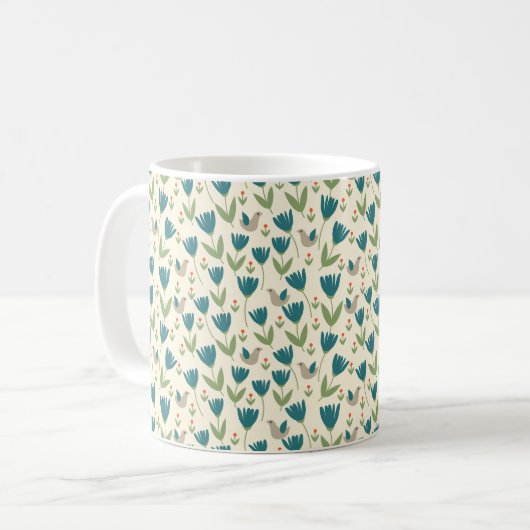 Einfache skandinavische Blume und Vogelmuster Kaffeetasse (Vorderseite Links)