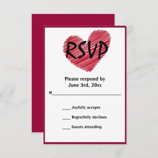 Einfache Sketchy Red Heart Wedding RSVP Karte (Vorne/Hinten)