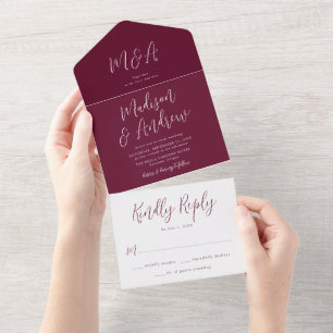 Einfache Skript-Bordeaux-Hochzeit All In One Einladung