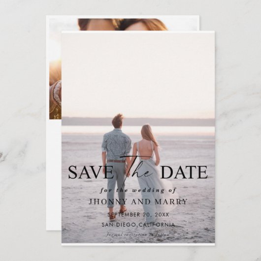 Einfache Skript-Foto-Hochzeit speichern Sie die Da Einladung (Vorne/Hinten)