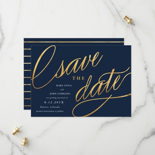 Einfache Skript Save the Dates | Marineblau & Gold Date (Vorderseite/Rückseite Beispiel)