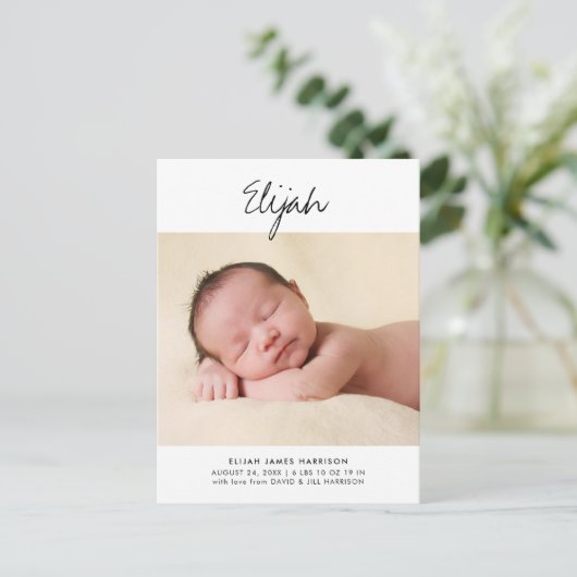 Einfache Skriptbezeichnung Geburtsankündigung Post Postkarte (Stehend Vorderseite)