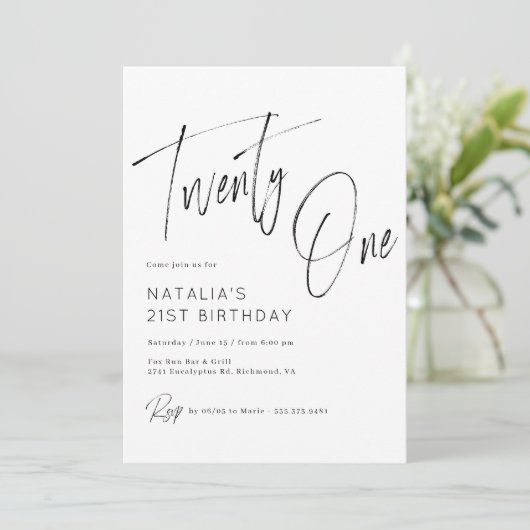 Einfache Skripte Moderne Schwarz und Weiß 21. Gebu Einladung (Stehend Vorderseite)