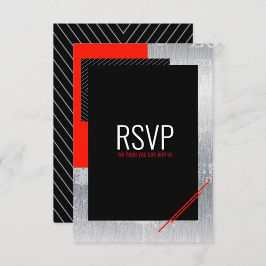 Einfache Skripte Rot, Schwarz, Graue weiße Streife RSVP Karte (Vorne/Hinten)
