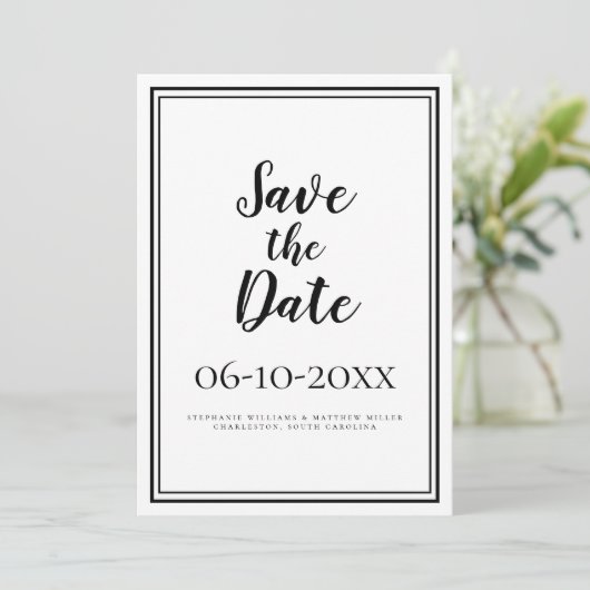 Einfache Skripte Save the Date Hochzeit Schwarz & (Stehend Vorderseite)