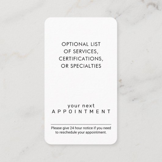 Einfache Skriptfarbe Schwarz und Weiß Moderne Vert Terminkarte (Rückseite)