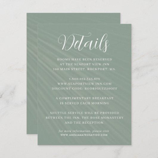 Einfache Skriptsprache Grüne Hochzeitdetails Begleitkarte (Vorne/Hinten)