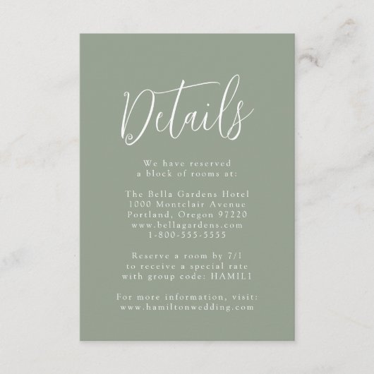 Einfache Skriptsprache Grüne Hochzeitdetails Begleitkarte (Vorderseite)