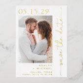 Einfache SkriptTypografie 5 Foto Save the Date Folieneinladung (Vorderseite)