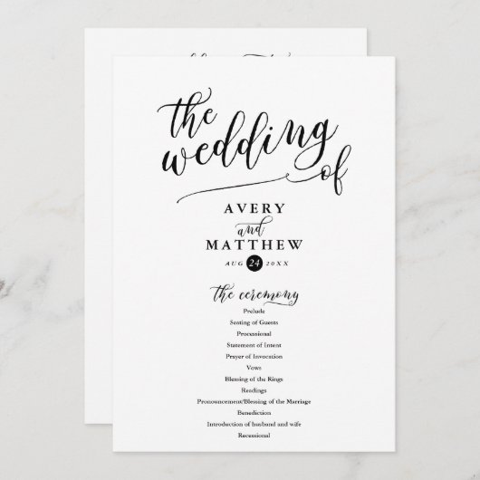 Einfache SkriptTypografie | Hochzeitsfeier Programm (Vorne/Hinten)