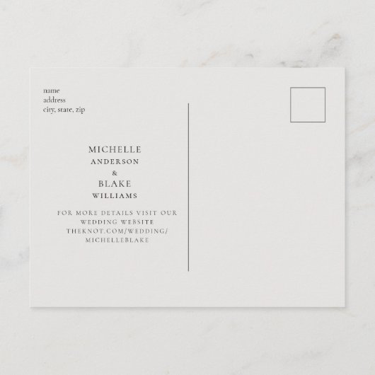 Einfache Sleek Monogram Beige Rette unser Date Wed Ankündigungspostkarte (Rückseite)